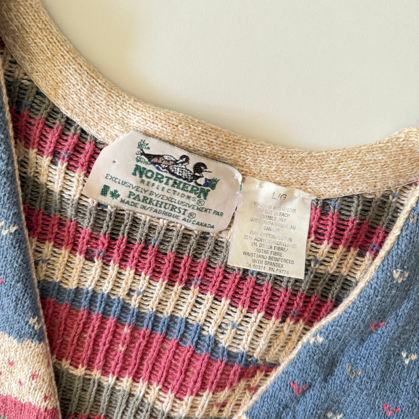 Close-up of a patterned garment with a Northern Parkhurst label.