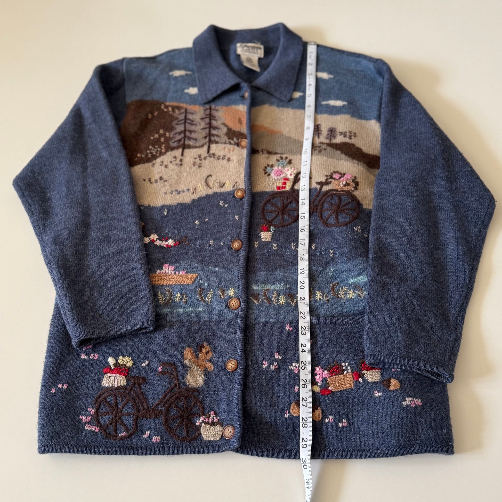 Blue jacket with embroidered designs on a white background