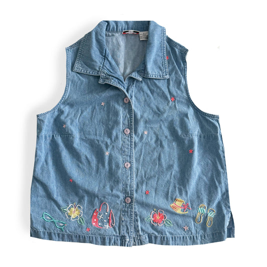 Vintage Alia Denim Button Down Sleeveless Shirt