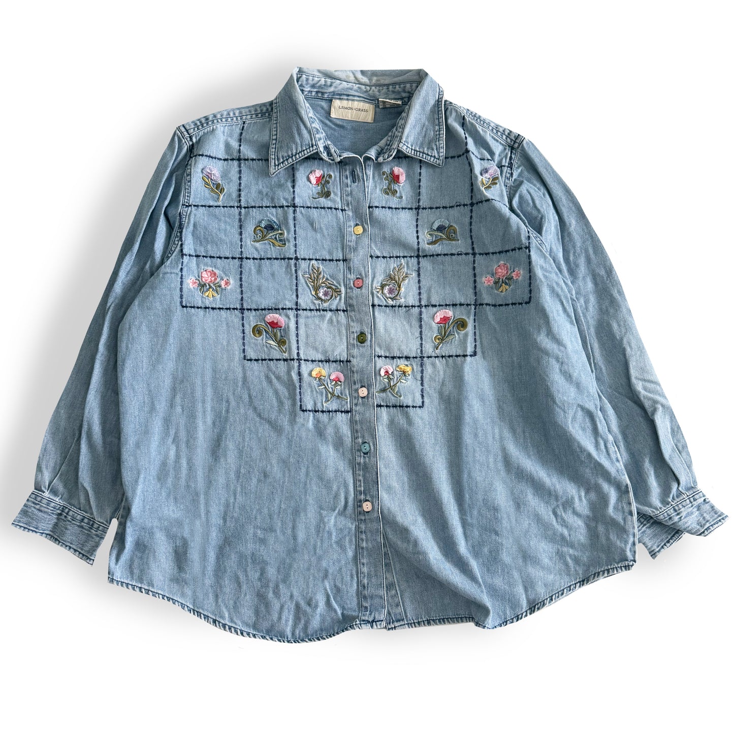 Vintage Lemon Grass Embroidered Denim Button Down Shirt