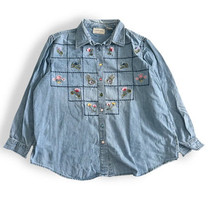 Vintage Lemon Grass Embroidered Denim Button Down Shirt