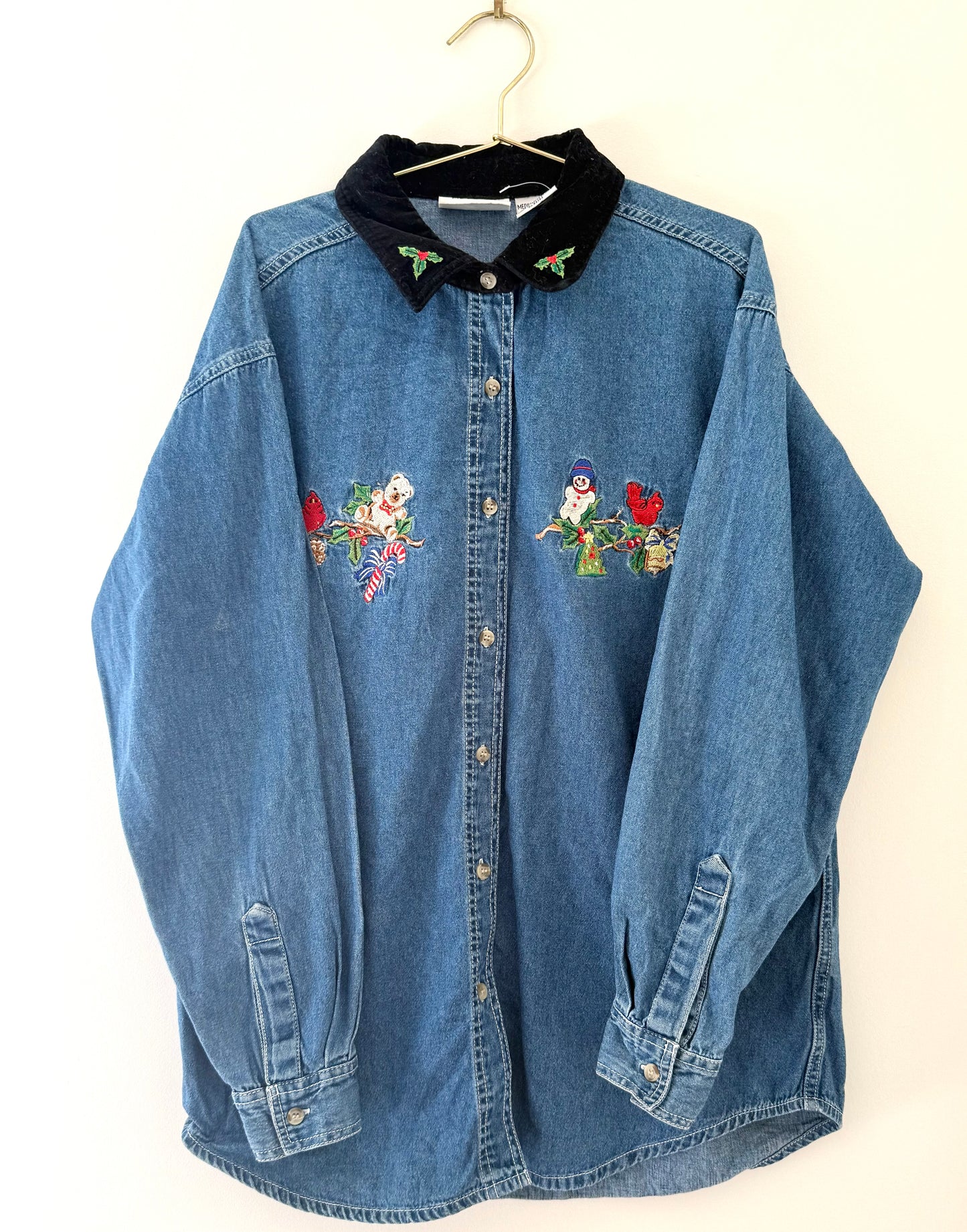 Vintage Basic Editions, Holiday Denim Button Up Shirt