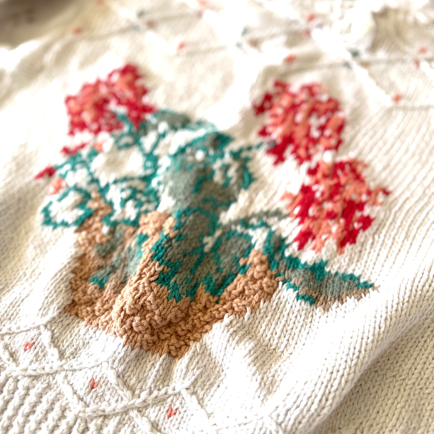 Close-up of embroidered fabric with floral patterns on a white background