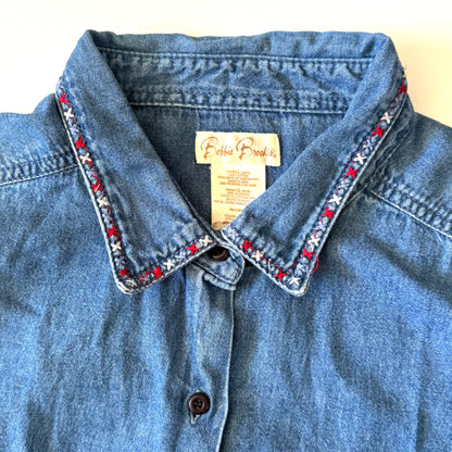 Blue denim shirt with embroidered collar and Eddie Bauer label