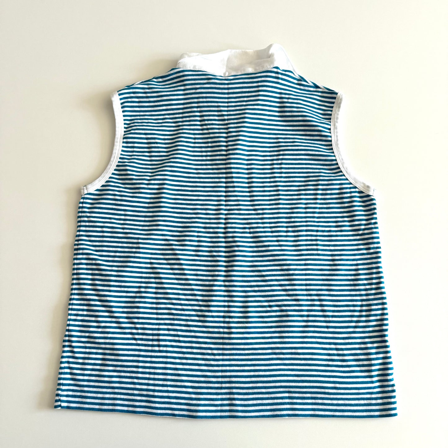 Backside of the White and turquoise striped tank top with polo neckline, on a white backdrop.