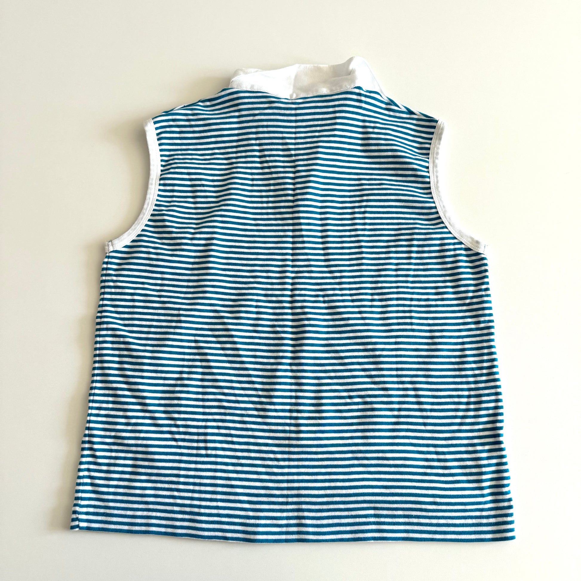 Backside of the White and turquoise striped tank top with polo neckline, on a white backdrop.