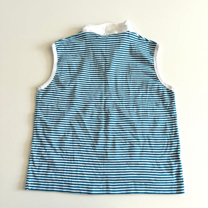 Backside of the White and turquoise striped tank top with polo neckline, on a white backdrop.
