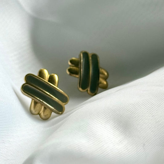 Secondhand Green and Gold Toned "X"Earrings