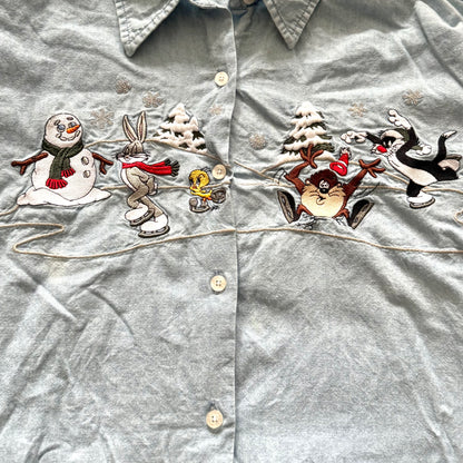 Vintage Looney Tunes, Christmas Denim Button Up Shirt