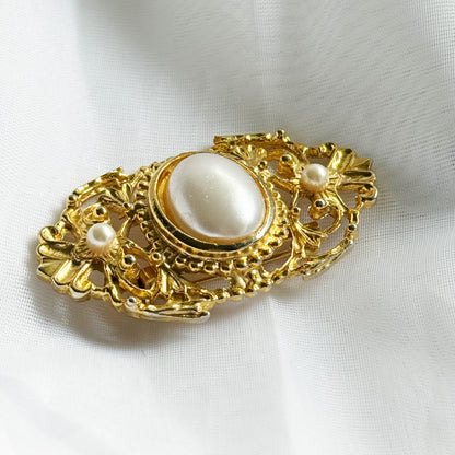 Secondhand Filagree Style Gold Tone & Pearl Brooch