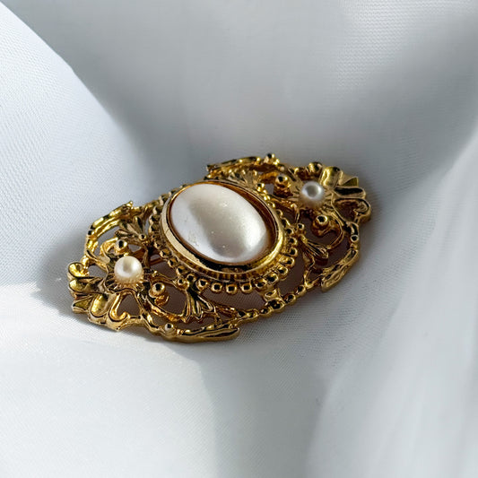 Secondhand Filagree Style Gold Tone & Pearl Brooch