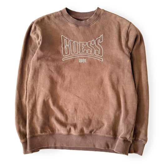 Brown sweatshirt with 'Guess' logo on a white background