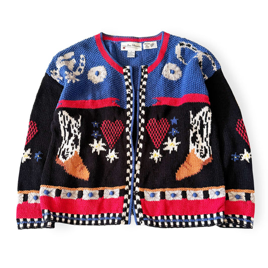 Colorful knitted cardigan with patterned design on a white background