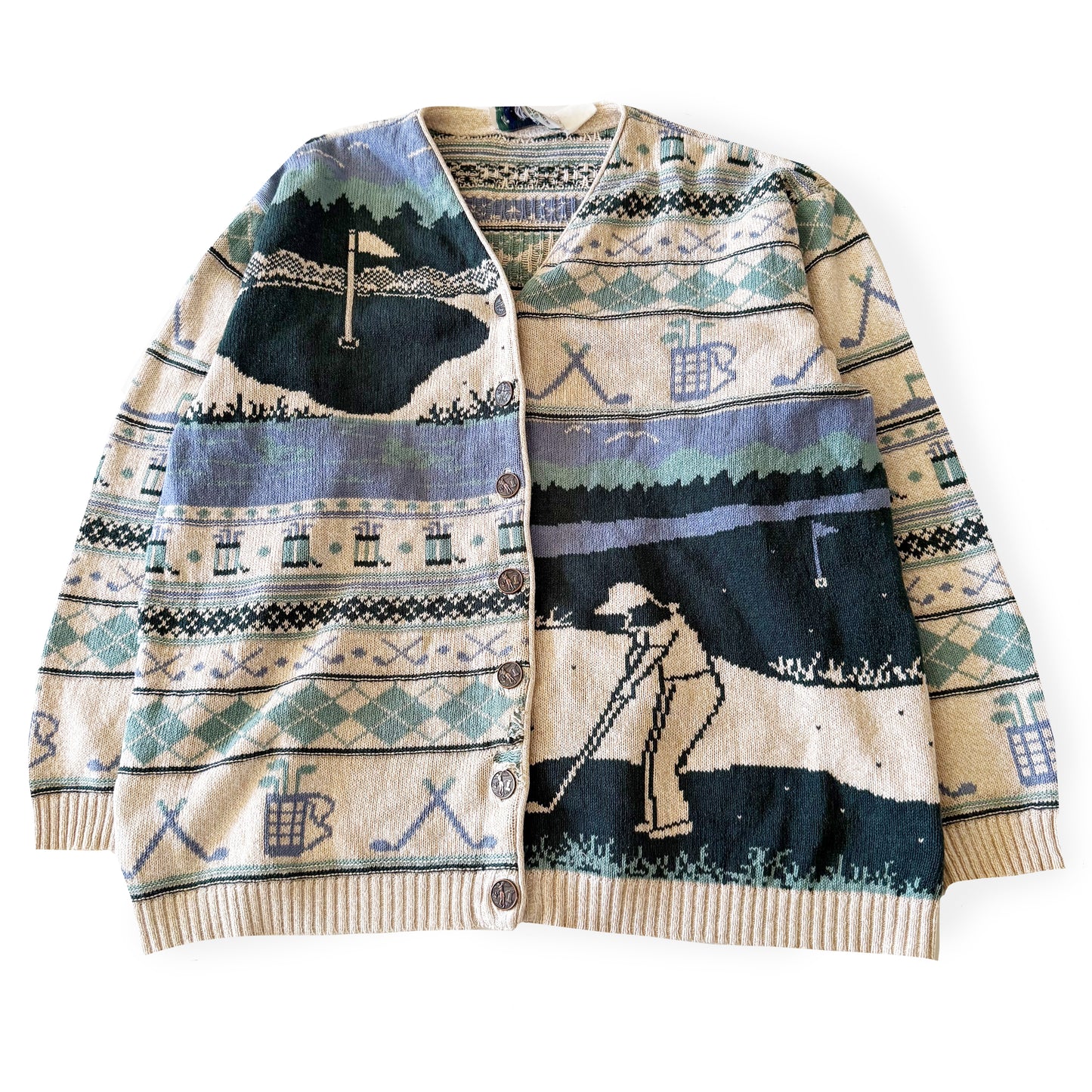 Golf themed cardigan with a white backdrop. 