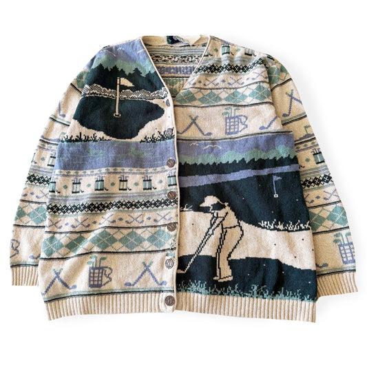 Golf themed cardigan with a white backdrop. 