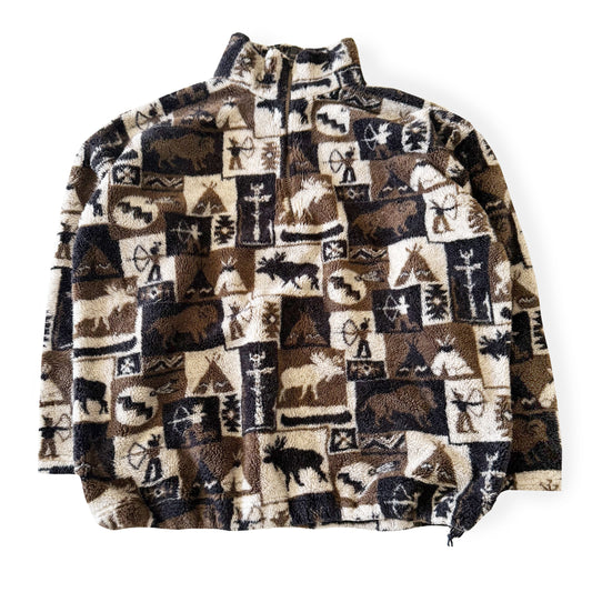 Moose and other camping motif quarter zip fleece on a white background.