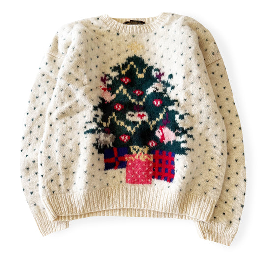 Beige sweater with Christmas tree and presents design on a white background