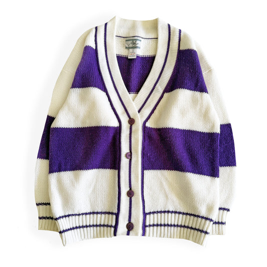 1990's preppy style - purple and white striped cardigan on a white backdrop. 