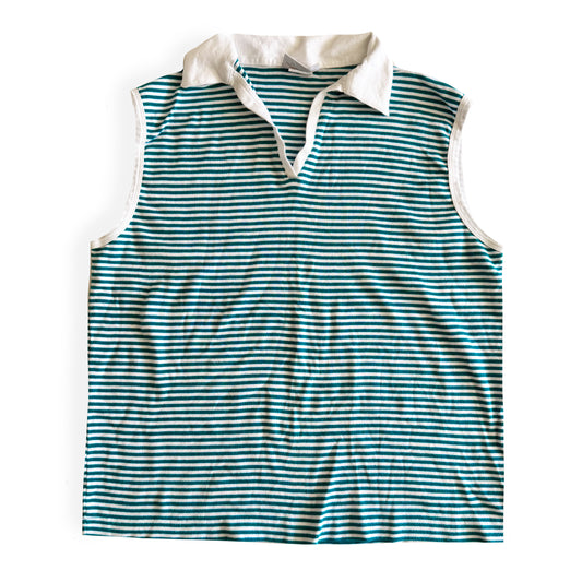 White and turquoise striped tank top with polo neckline, on a white backdrop. 