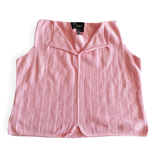 Light pink knit style tank top, with folded out collar opening on a white backdrop. 