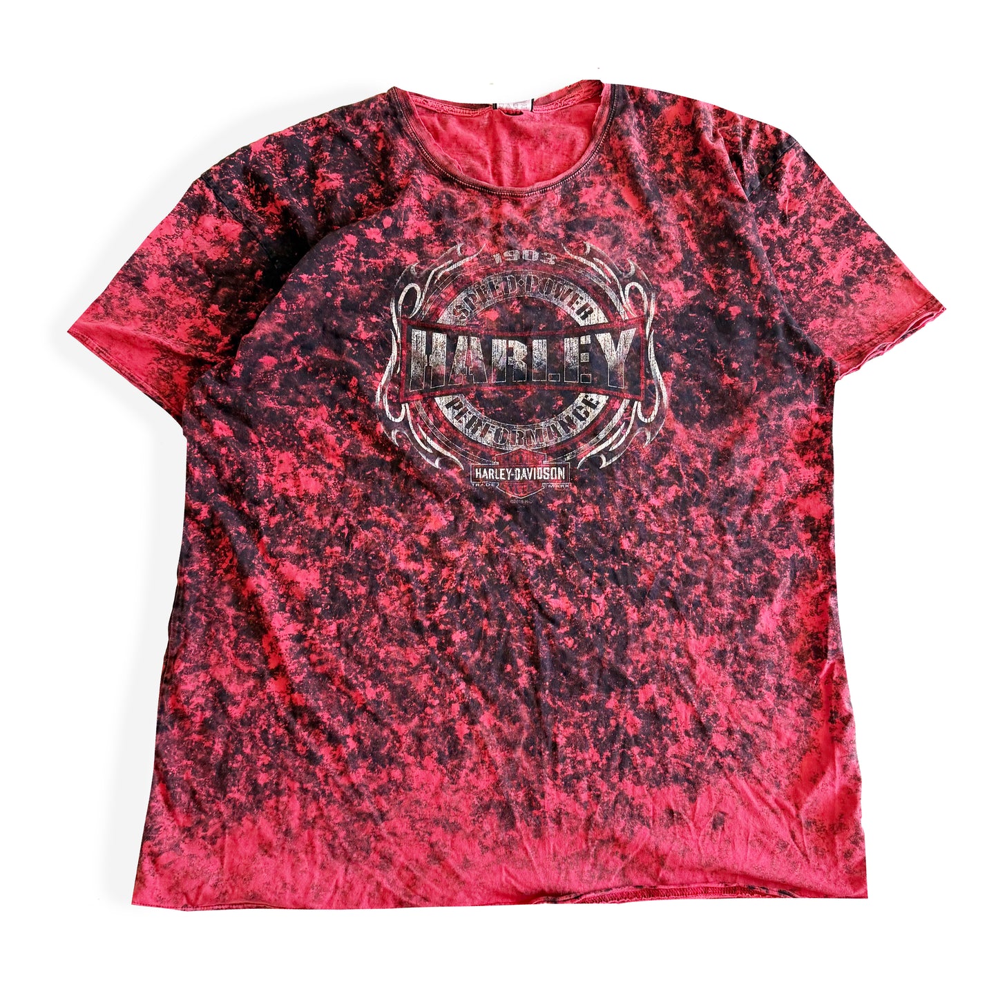 Pinky red t-shirt with black ie dye effect, and the harley davidson logo on the front - on a white background. 