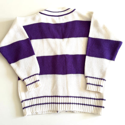 Back side of... 1990's preppy style - purple and white striped cardigan on a white backdrop. 