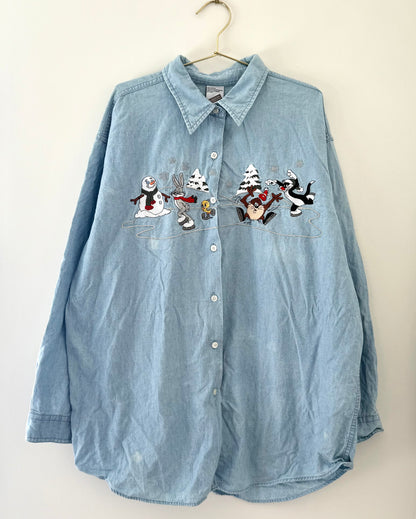 Vintage Looney Tunes, Christmas Denim Button Up Shirt