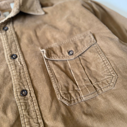 Close-up of a brown corduroy shirt with a pocket