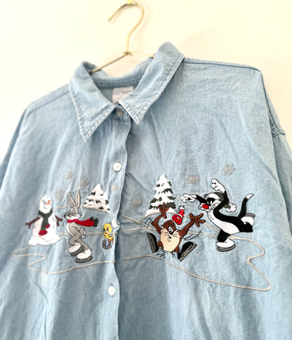 Vintage Looney Tunes, Christmas Denim Button Up Shirt