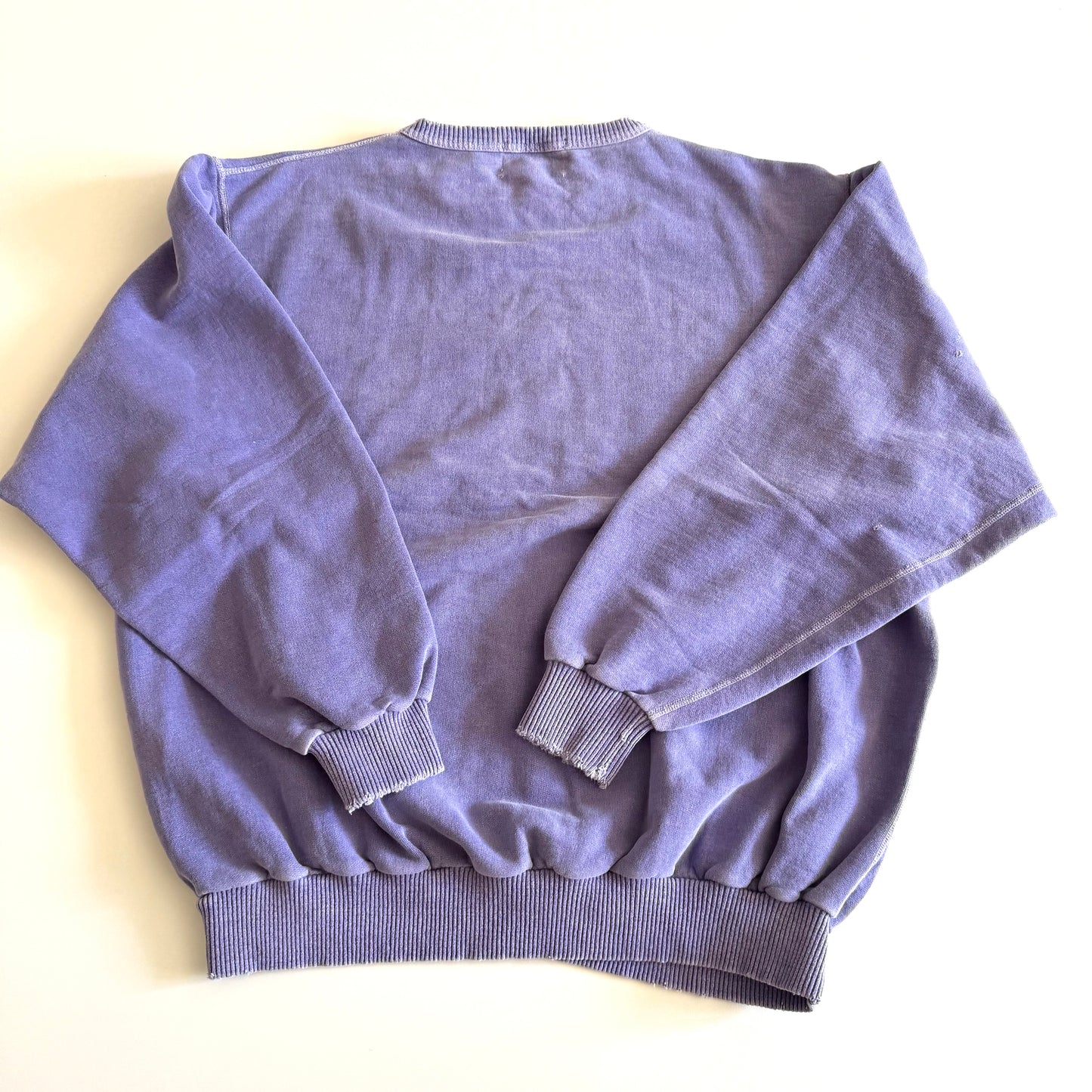 Back side of Light purple sweatshirt with fishing theme images and words on the front, on a white backdrop. 