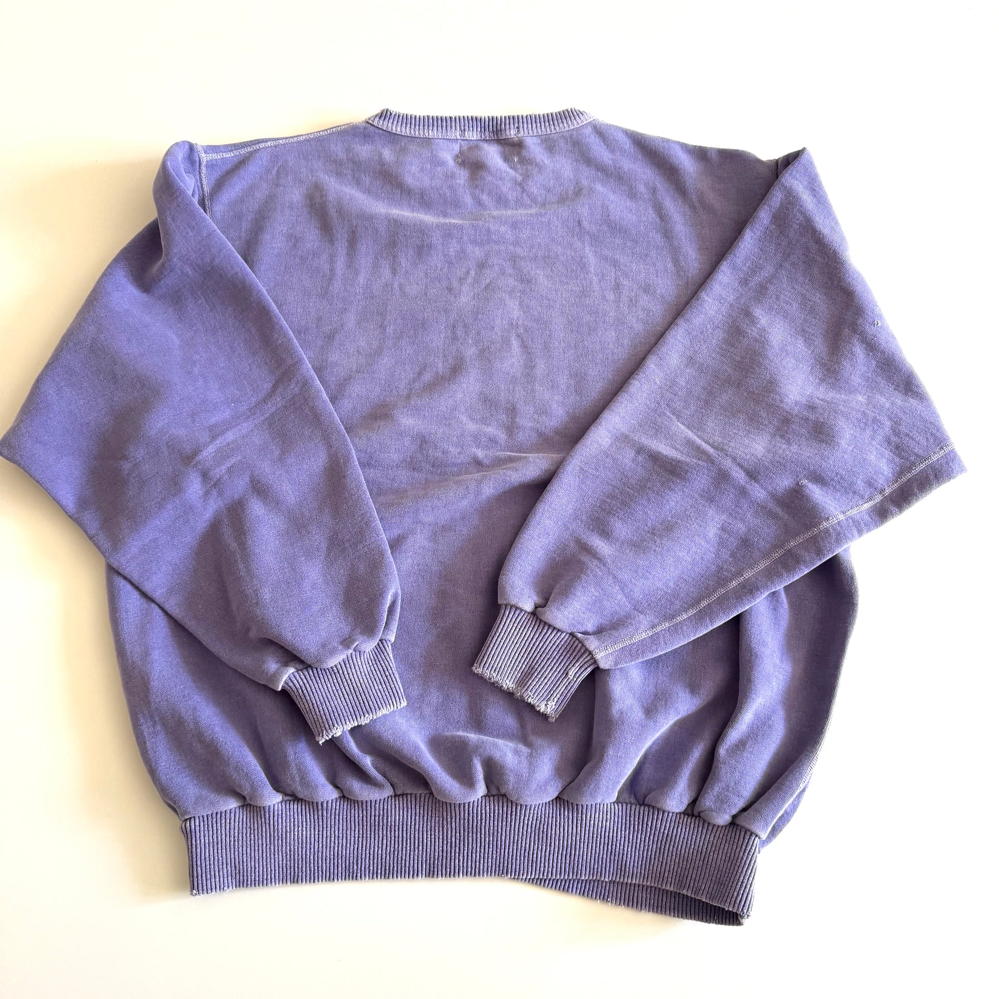 Back side of Light purple sweatshirt with fishing theme images and words on the front, on a white backdrop. 