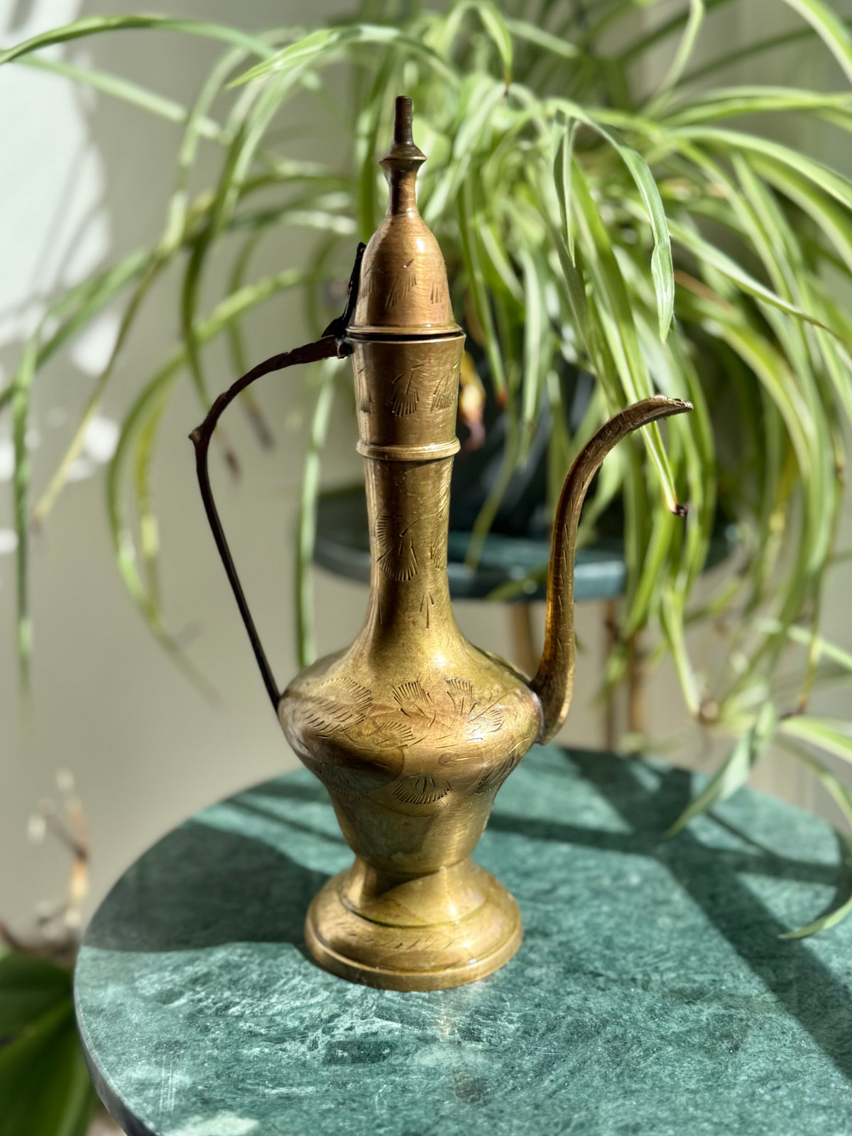 Vintage Engraved Brass Pitcher / Ewer