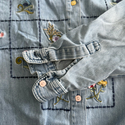 Vintage Lemon Grass Embroidered Denim Button Down Shirt