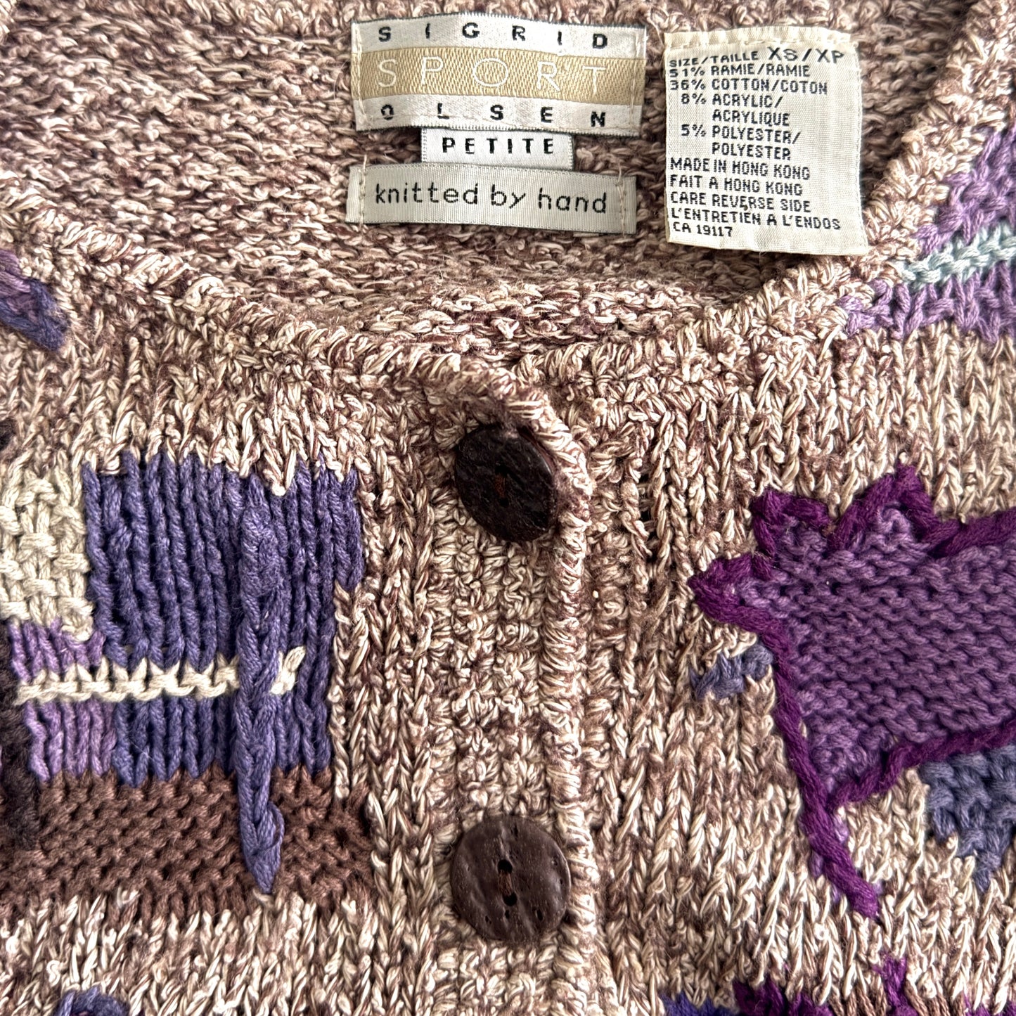 Vintage Sigrid Olsen, Hand Knit Purple Patchwork Cardigan