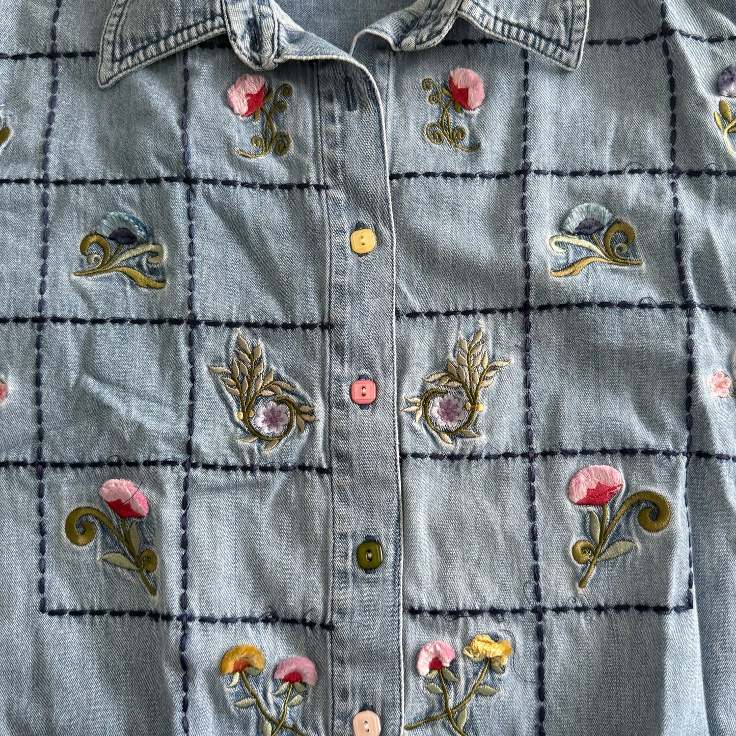 Vintage Lemon Grass Embroidered Denim Button Down Shirt