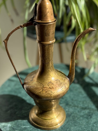 Vintage Engraved Brass Pitcher / Ewer
