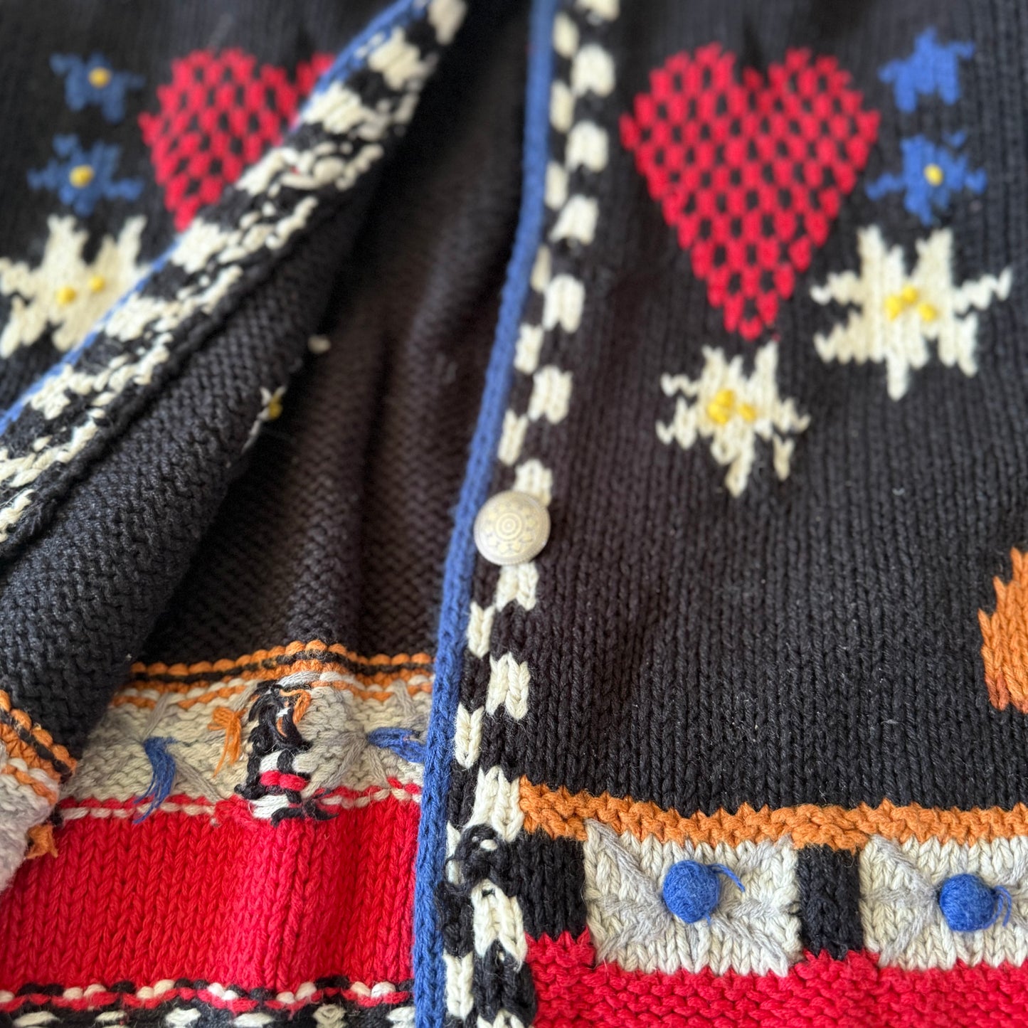 Close-up of a knitted garment with colorful patterns and buttons.