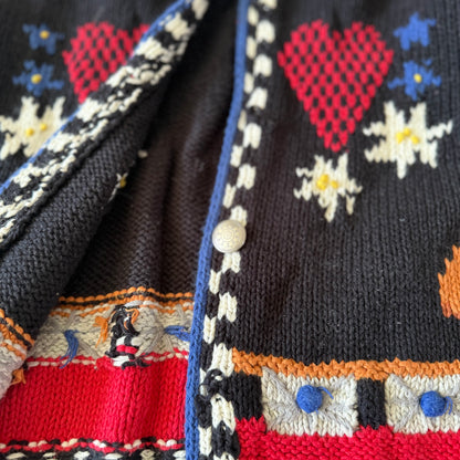 Close-up of a knitted garment with colorful patterns and buttons.
