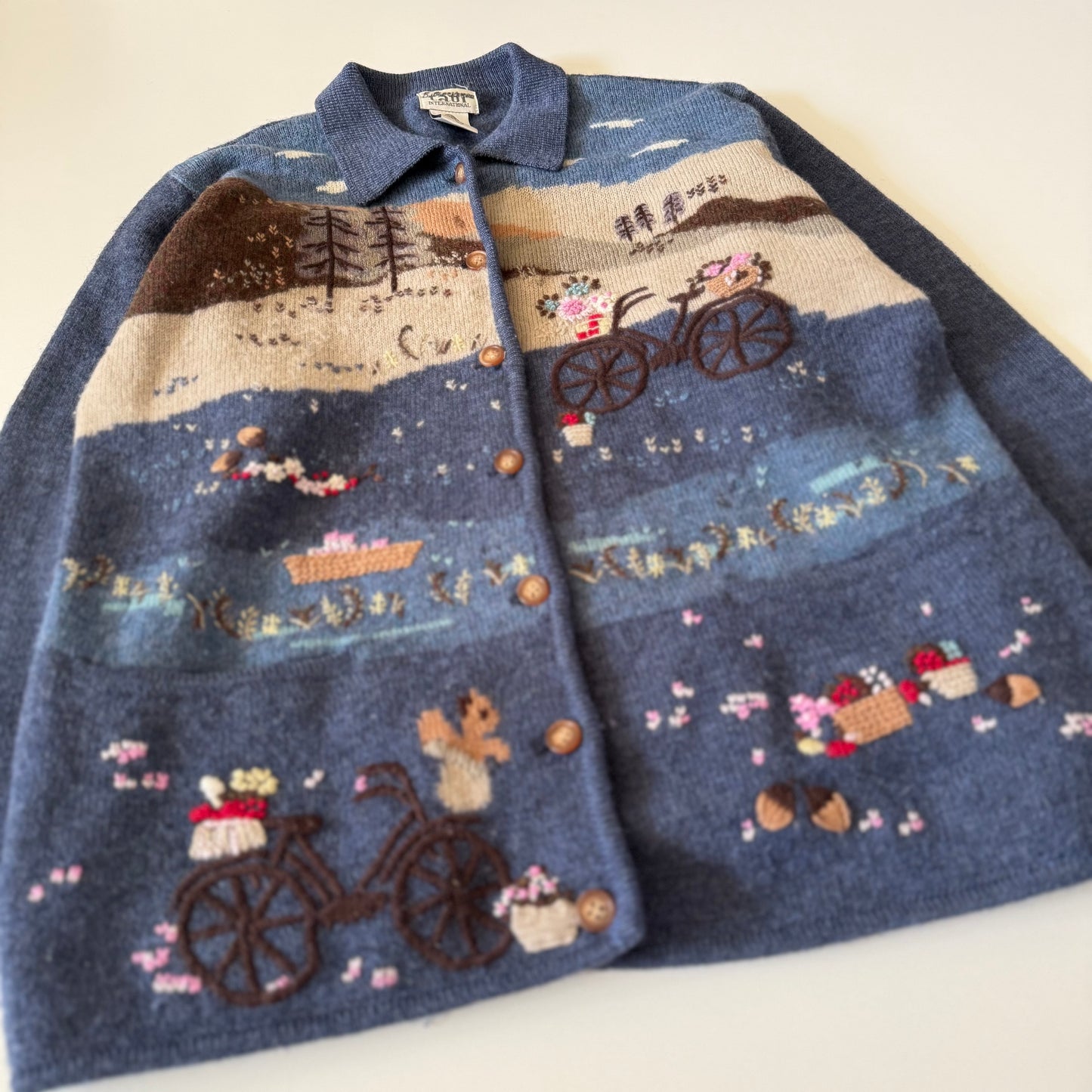 Blue embroidered jacket with scenic design on a white background