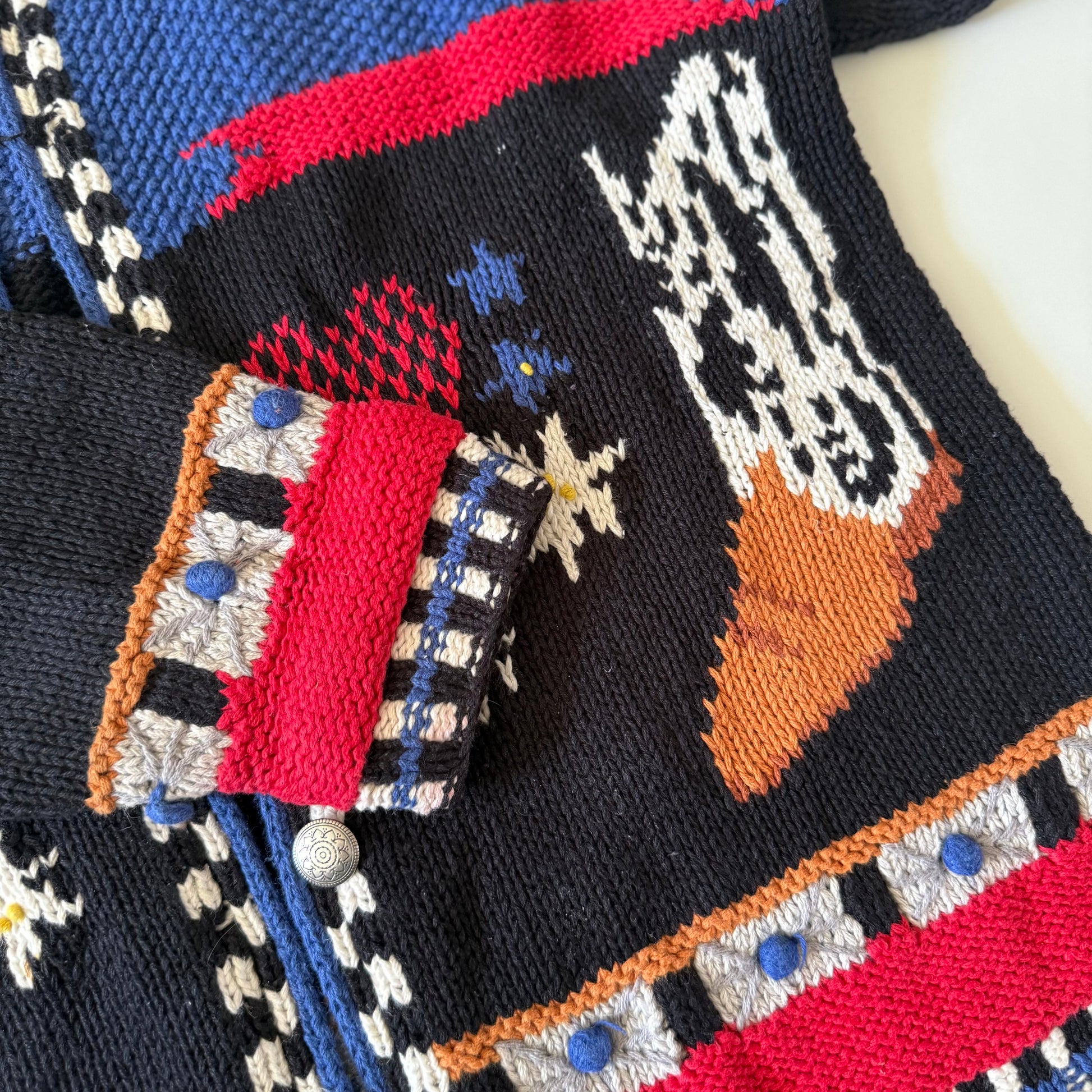 Close-up of a colorful embroidered fabric with geometric patterns