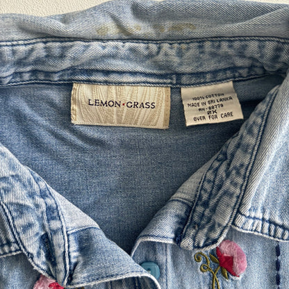 Vintage Lemon Grass Embroidered Denim Button Down Shirt