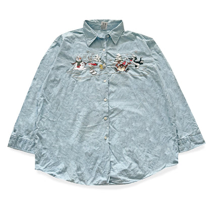 Vintage Looney Tunes, Christmas Denim Button Up Shirt
