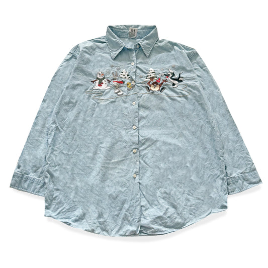 Vintage Looney Tunes, Christmas Denim Button Up Shirt