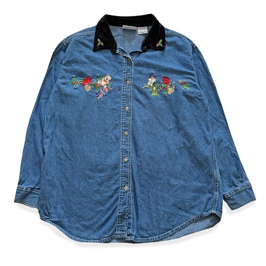 Vintage Basic Editions, Holiday Denim Button Up Shirt