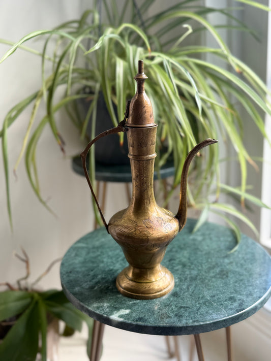 Vintage Engraved Brass Pitcher / Ewer