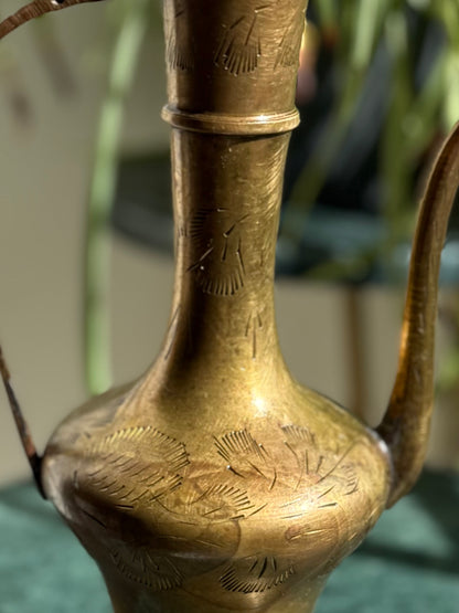 Vintage Engraved Brass Pitcher / Ewer