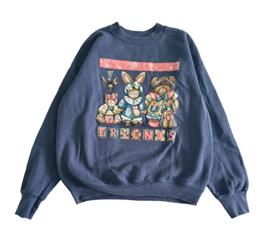 Vintage Patchwork Bunny, Bear, & Cat Friendship Sweatshirt