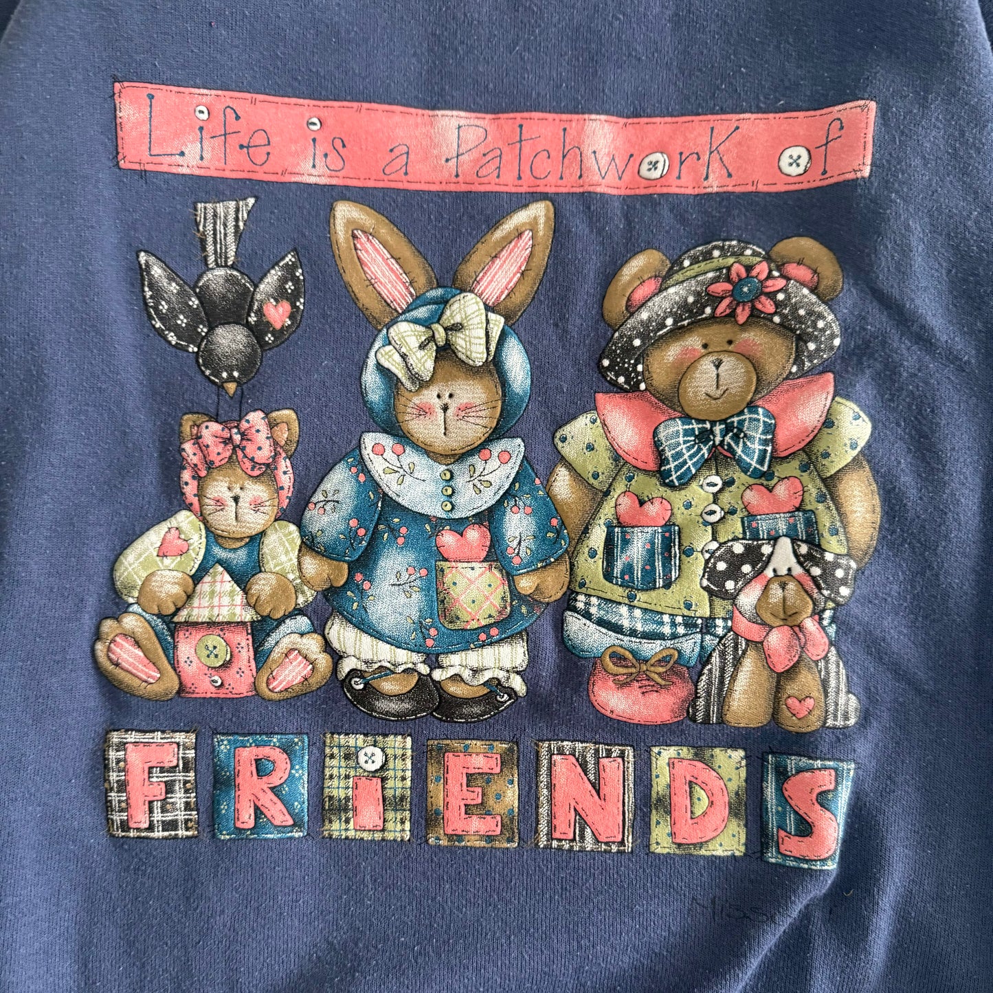 Vintage Patchwork Bunny, Bear, & Cat Friendship Sweatshirt