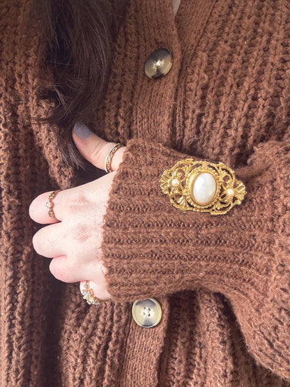 Secondhand Filagree Style Gold Tone & Pearl Brooch