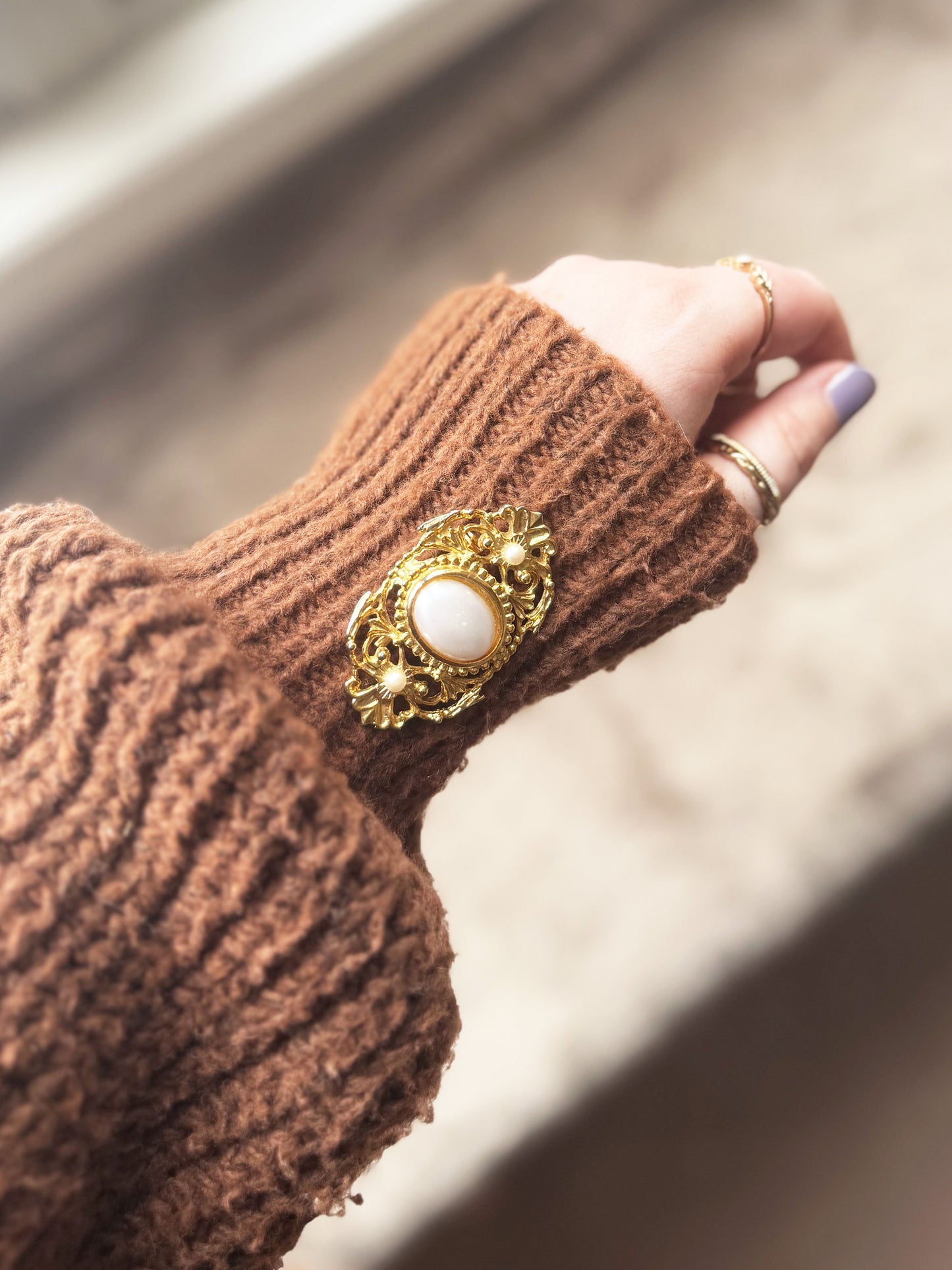 Secondhand Filagree Style Gold Tone & Pearl Brooch